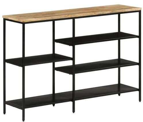 vidaXL Table Console, Table d'Entrée avec Étagères, Table d'Appoint, Bout de Canapé, Meuble de Salon, Bois de Manguier Massif Brut et Fer