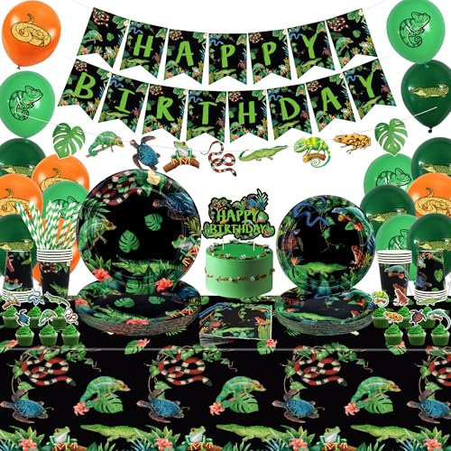 Obussgar Reptil Geburtstag Party Dekorationen - Reptil Party Zubehör einschließlich Banner, Kuchen Topper, Teller, Tassen, Servietten, Tischdecken, Luftballons (LQ-B)