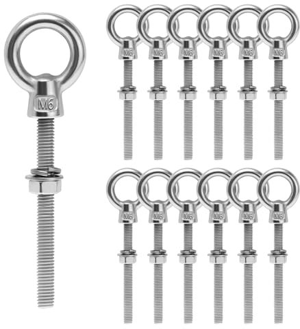 Sxutop 12 Pièces Boulons à œil M6 Anneau de Levage Filetage Mâle Vis à œil en Acier Inoxydable 304 Piton à Oeil Inox pour Fixation et Suspension,avec Écrous de Verrouillage/Rondelles Plates(M6 X 60mm)