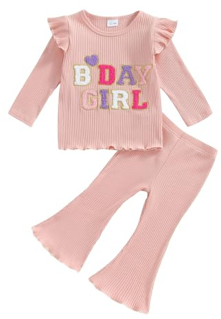 MAHUAOYIXI Baby Girl 2Pcs Birthday Outfits Long Sleeve Letter Embroidery Tops Flying Sleeve + Flare Pants Set Toddler Girls Clothes Birthday Clothing Set
