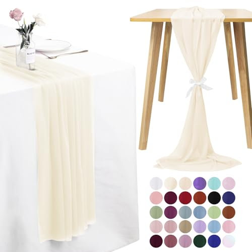 LEREATI 3 Stück Chiffon Tischläufer Beige 75 x 400cm Musselin Tischläufer Hochzeit Dekostoff Tüll Stoff Käsetuch Tischläufer Abwaschbar für Geburtstag, Boho Hochzeit, Partei Tischdeko