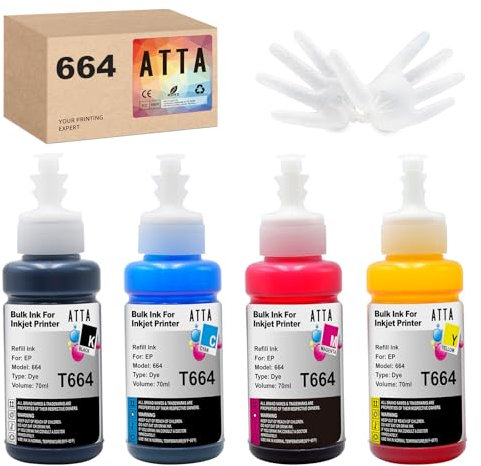 ATTA 664 Ink Bottle Refills Compatible with Epson T7741 T6642 T6643 T664 Ink Multipack for ET-2650 ET-2500 ET-2550 ET-2600 ET-4500 ET-14000 L100 L110 L350 L355 L555 (Black, Cyan, Magenta, Yellow)