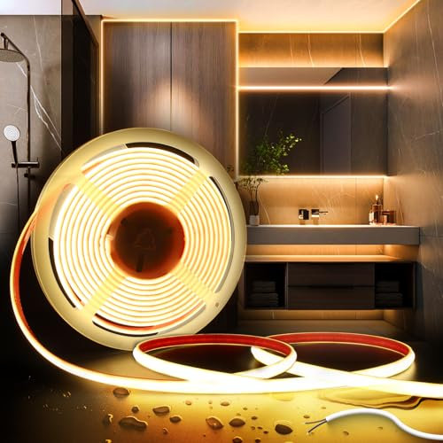 SUCIKORIO Silicona COB Tira LED 5m, 24V Luz Led Adhesiva Sin Enchufe Impermeable Incombustible IP65 Tiras LED de Interior Exterior Blanco Cálido 3000K Led Strip Flexible Cortable Sin Transformador