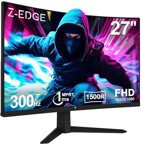Z-Edge Monitor Gaming Curvo 27'' 300Hz (DP1.4 * 2), 1ms MPRT, FreeSync, FHD, 240Hz (HDMI2.0 * 2), Schermo PC LED 16:9, Inclinazione Regolabile, 4000:1, 1500R VA, VESA 100 * 100mm (Cavo DP Incluso)