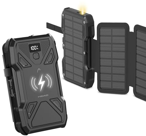 HEAD Power Bank 10000mAh con Linterna, Batería Externa Carga Rápida con Energía Solar, Cargador Portátil Inalámbrico para iPhone y Android, Power Bank USB-C con Diseño Plegable y Cable Incluido