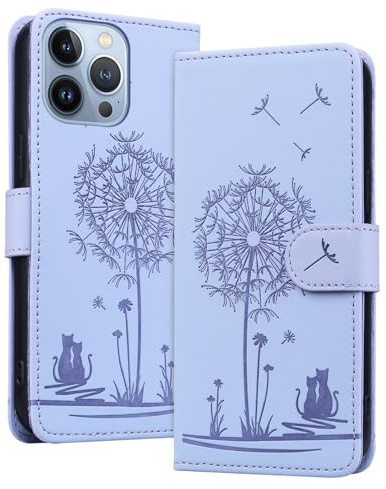 LEINOTWANCH Flip Wallet Case for iPhone 16 Pro Max Cover With Card Holder | Dandelion with Cat,Magnetic,PU Leather+TPU inner case,Kickstand,3 Card Slots+Cash Pocket+Wrist Strap,Protective,Purple