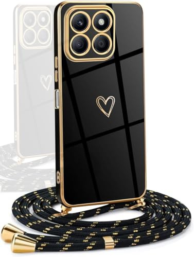 YAMCCCSE Cover per Honor X8b con Collana Amore Cuore Custodia per Silicone Sottile Laccio Tracolla Case con Protezione Fotocamera Dorata Placcatura Cornice Paraurti, Nero
