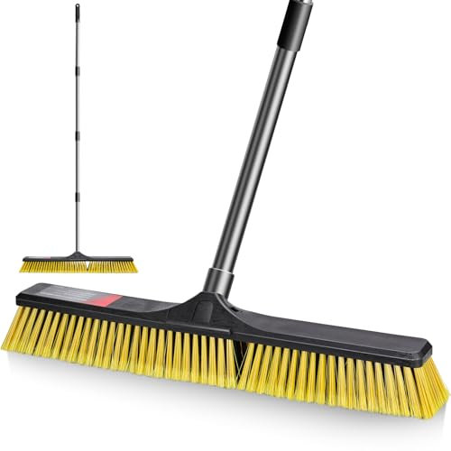 MASTERTOP Heavy Duty Garden Broom, Long Handle Yard Brush with 24 Wide Brush Head, Stiff Hard Brush for Sweeping Yard, Garden, Patio, Driveway, Outdoor Bristle Scrubber Broom - Yellow
