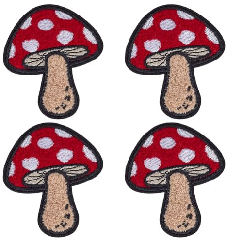 FINGERINSPIRE 4 Stück Pilz Chenille Aufnäher Roter Pilz Zum Aufbügeln 70x60mm Polyester Handtuch Stickapplikationen Pilz Aufnäher Zum Aufnähen Für Kleidung Jacken Kleider Hüte Jeans DIY