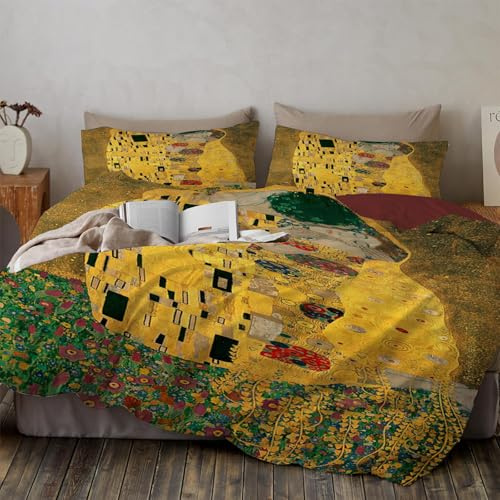 3D Bettwäsche 155×220CM Goldener Klimt Muster,Wende Bettwäsche Set aus Mikrofaser mit Reißverschluss,3-teilig mit 2 Kissenbezügen 80x80 cm,Weiche & Atmungsaktive Bettgarnitur,Klassische Ölmalerei