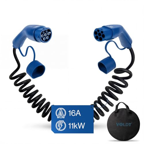 VOLDT Cavo di ricarica a spirale tipo 2, 11 kW, 16 A, trifase per veicoli elettrici EV PHEV, tipo 2 a tipo 2 modalità 3, compatibile con Tesla Model S/X/Y/3, ID.4, E-Tron, e-208, I4, IX1, Zoe, IP67