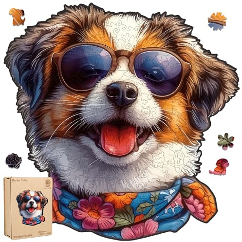 Mys Aurora Holzpuzzle Erwachsene in Holzkiste, Exklusives Puzzle 200 Teile mit Hund Motiv, Anspruchsvolles Unregelmäßiges, Einzigartige Geschenkidee für Erwachsene 28,7 cm x 28,9 cm
