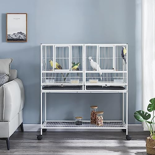 Panana Large Budgie Cage Metal Bird Cage with Stand Rolling Parrot Cage for Cockatiels African Grey Conures Parakeets Lovebird Finch Canary Bird Flight Cage for Small Pet Animals 105CM Height (White)