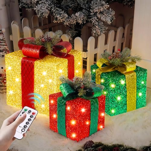 Lot de 3 Boîtes Cadeaux Lumineuses pour Décorations de Noël, LED Boîte Cadeaux de Noël avec Noeud, Lumières de Décoration Noel Exterieur Interieur