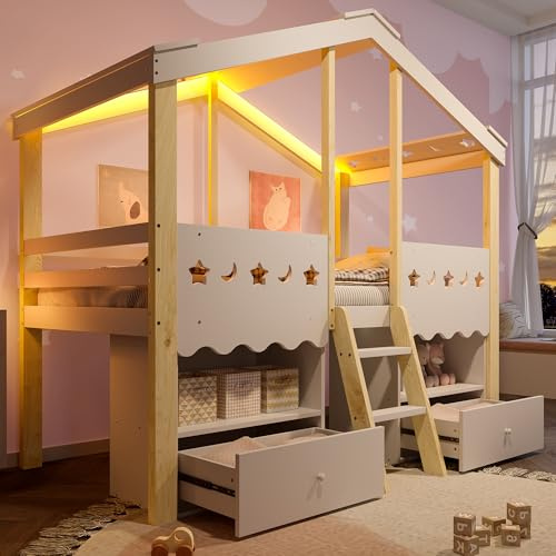 TOBIDOEN Kinderhausbett 90x200 cm Halbhohes Bett mit Ambiance-Assistenzfunktion, Kinderbett mit Stauraumschubladen und Offenen Fächern, Kinderschutzgitter und Leiter, Kiefer + MDF, Weiß + Natur