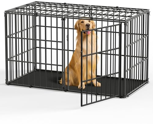 Pawaboo Heavy Duty Hundekäfig mit Herausnehmbarer Matte, 141 x 74 x 80 cm, Hundebox für große Hunde, Doppeltüren, Metall Hund Laufstall mit sicheren Oben, Hunde Käfig mit Türschloss, Schwarz
