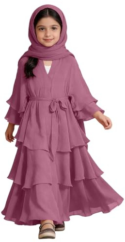 lozssnigzi Gebetskleidung Für Mädchen Chiffon Muslimisch Kleid Dreiteiliges Abaya mit Hijab und Schärpengürtel Islamische Kleider Robe Jilbab Khimar Ramadan Gebetskleid Für 5-14 Jahre