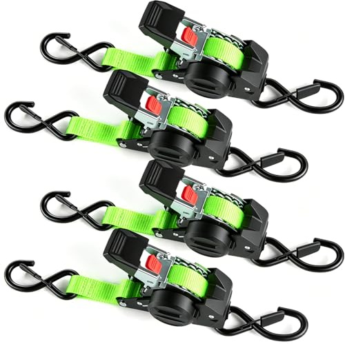 Lot de 4 Sangles à cliquet Automatique 3m x 25mm avec Crochets en S | 750kg Charge de Rupture | D'arrimage à rétraction Automatique pour Moto, remorque, Camion - Vert