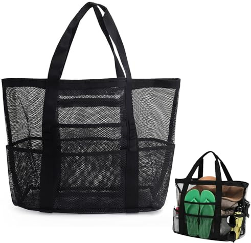 Sandspielzeug Tasche Groß, Strandtasche Netztasche für Sand-spielzeug TragbareMesh Strandspielzeug Tasche Schwarz Sandspielzeug Netztasche für Strand Picknick/Familie Urlaub (1 großer schwarzer)