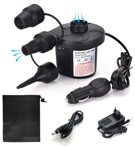 Bomba de aire eléctrica 2 en 1 Inflate y Deflate, bomba de aire para colchón de aire con 3 boquillas, cable de extensión de 1 m, bomba eléctrica para colchón inflable, barco, colchón de aire, piscina