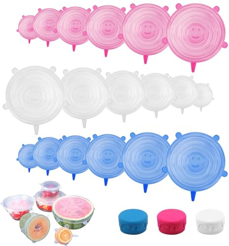 Tapa de silicona reutilizable, 18 unidades – Extensibles de 6 tamaños diferentes para frascos, cuencos, botellas – comida permanencia