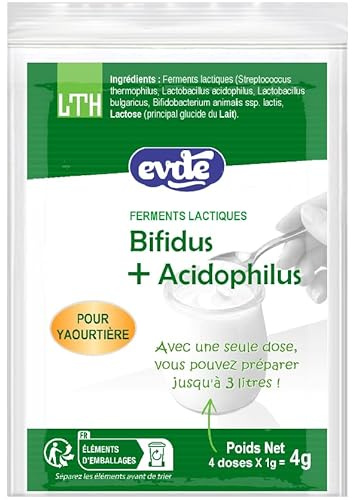 LTH - Ferments Lactiques Yaourt Maison Bifidus Acidophilus Probiotiques | Souches actives. Préparation en poudre concentrée pour yaourtière : 1 paquet = 4 doses pour jusqu'à 12L (soit 96 pots).