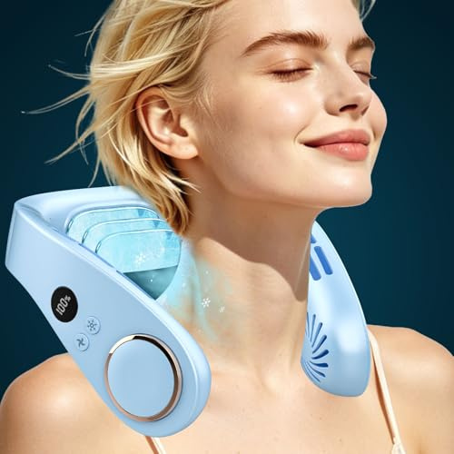 FWV Aire acondicionado de cuello con placa de refrigeración, 5500 mAh 3-24 horas de trabajo, 5 velocidades silenciosas 30 dB, pantalla LED de aire acondicionado personal, ventiladores de cuello sin