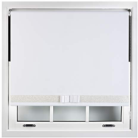 FURNISHED Blackout Roller Blinds Decorative Glitter Fabric & Bow - Trimmable - White 210W x 210H cm