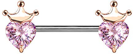 beyoutifulthings Brustwarzen-Piercing Herz-Krone Brust-Piercing Nippel-Piercing Chirurgenstahl Roségold Rosa Stab 1,6/14mm