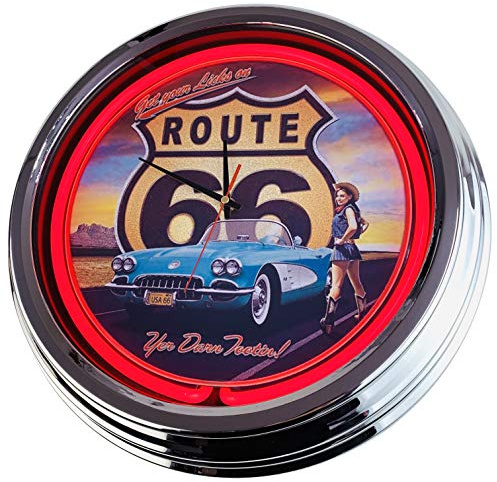 US-Way.de Route 66 WallClock Deko-Clock – 44 cm Durchmesser, Deko-Wanduhr ohne Tickgeräusche und gut lesbares Display, USA 50er-Jahre-Stil Neon-Uhr für Küche, Büro (Rot)