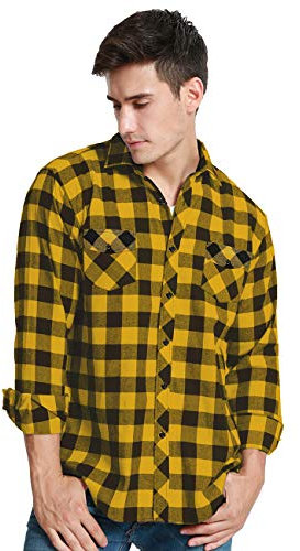 JEETOO Homme Chemise à Carreaux Manche Longue Casual Slim Fit en Flanelle (Jaune Noir, XXX-Large)