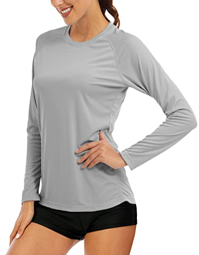 MAGCOMSEN Joggingshirts Damen Leicht Sommer Trainingsshirts Langarm Schnelltrocknend T-Shirts Damen Outdoor Atmungsaktiv Funktionsshirts UV Schutzkleidung Beach Hemd Hellgrau S