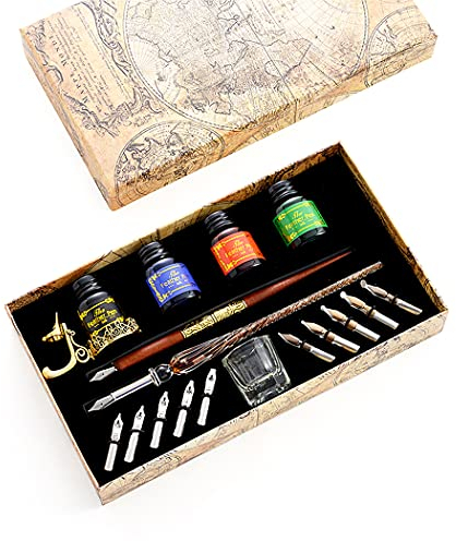 Abcsea Ensemble de Stylos en Verre, Stylo Dip a Plume Calligraphie, Kit de Calligraphie Plume, Stylo en Verre de Calligraphie, 2 Stylos Rouge avec 4 Bouteilles D'encre