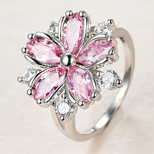 SHIYONG Anello in Pietra di Cristallo Rosa con Ciondolo in Argento con Anelli di Nozze Sottili per Le Donne Anello di Fidanzamento con zircone Fiore Sposa Delicato