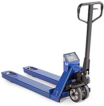 Mobiler Hubwagen aus Stahl für Paletten, 560 mm x 1210 mm 1570 mm, blau, mit integrierter Wage, Steuerräder aus Nylon, 2000 kg Tragfähigkeit