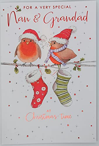 Weihnachtskarte für Oma und Großvater mit Rotkehlchen und Strümpfen