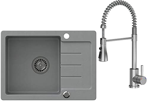 VBChome Spülbecken Granit Grau mit Armatur 60 x 44 cm Einzelbecken Einbauspüle gesprenkelt reversibel Verbundspüle + Siphon Waschbecken Armaturen mit schwenkbarem und ausziehbarem Auslauf