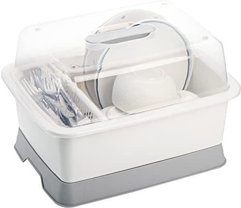 Lyellfe Escurridor de platos de plástico, soporte para secadora de botellas con tapa de cubierta y escurridor extraíble, utensilios blancos y portavasos para encimera de cocina, estante para secadora