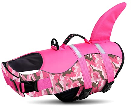 Queenmore Schwimmweste Hund Einstellbare Hunde Schwimmweste, Ripstop Rettungsweste mit hohem Auftrieb und langlebigem Rettungsgriff für Hund für mittlere große Hunde, (PinkCamo, L)