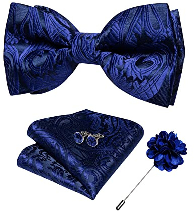 DiBanGu Royal Blue Bow Ties for Men Silk Paisley Bowtie Set with Pocket Square Lapel Pin Cufflinks Adjustable Bowtie Wedding Prom