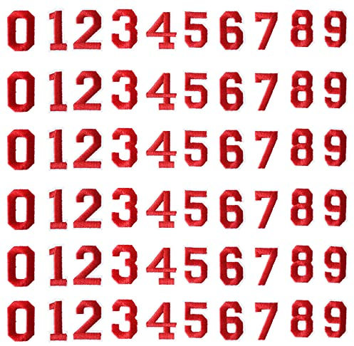 J.CARP 60Pcs Red Number 0 to 9 Patches Iron on Sew on Letters for Clothing, Hats, Shoes, Backpacks, Handbags, Jeans, Jackets etc.