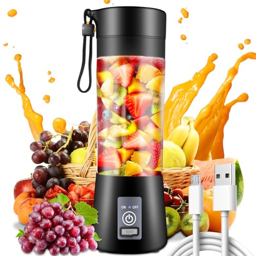 YurDoca Portable Blender, Mini Blender for Shakes and Smoothies, Personal Size Blenders with Rechargeable USB, 380Ml Traveling Fruit Veggie Juicer Cup With 6 Blades, Black-j