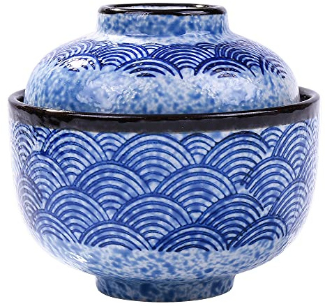 Cerficer Small Covered Stewpot 8.5oz Blue Wave Pattern Ceramic Bowl with Lid for Soups Noodles Desserts and More Japanese style Microwave