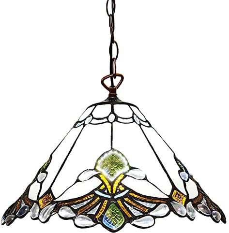 HAES DECO - Tiffany Hängelampe Ø 31x107 cm Weiß Braun Glas Metall Hängelampe Esstisch Hängelampen Esszimmer Buntglas