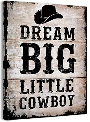 WODMIS Inspirierendes Zitat Dream Big Little Cowboy Retro Western Cowboyhut gerahmte Leinwand Wandkunst Dekor 28,9 x 35,6 cm, Bauernhaus rustikaler Druck Gemälde Kunstwerk Heimdekoration für Western