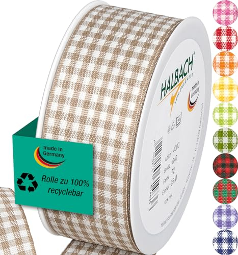 Halbach Seidenbänder Premium Vichy Karo Geschenkband (leinen) | Breite 40mm Länge 25m | Karoband made in Germany | kariertes Schleifenband in vielen Farben