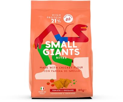 SMALL GIANTS®| Snack Proteici con Farina di Grillo - Crackers Proteici Pomodoro & Origano. High Protein, Vit.B12, Omega3, Proteine Sostenibili, Senza Zuccheri Aggiunti