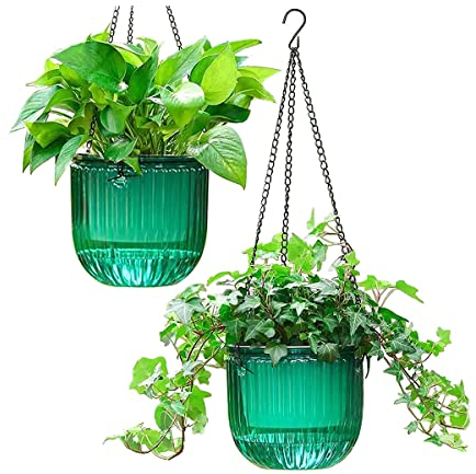 Huudngeje Lot de 2 pots de fleurs auto-arrosants - Pour l'intérieur - 6,5 - Panier à fleurs à suspendre pour l'extérieur - Émeraude