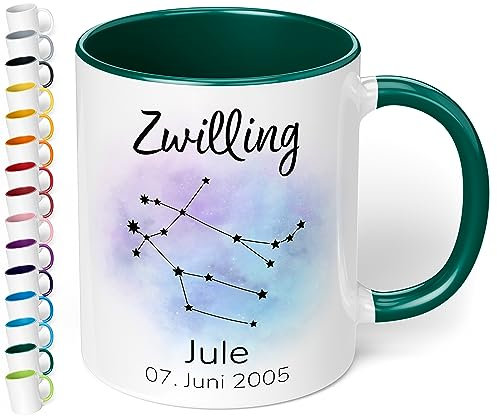 Sternzeichen Tasse mit Namen, Datum und 12 Sternenbilder personalisiert – 330ml Keramik Kaffeebecher, kleine Geschenke für Kollegen Frauen Männer Büro Geburtstag Weihnachten (Dunkelgrün)