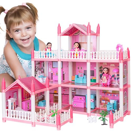 EVERGD Kid Doll House, 3 story Pink Grand 9 Rooms Castle Dolls Dream House Playset with 3Doll Furniture Accessories Mansion Playhouse Toy Xmas